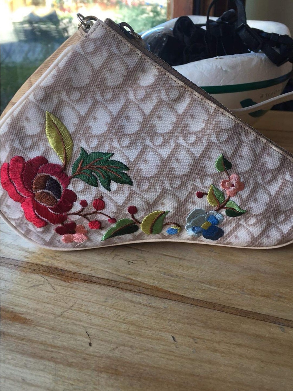 Dior Beige Canvas Clutch with Multicolor Floral Embroidery